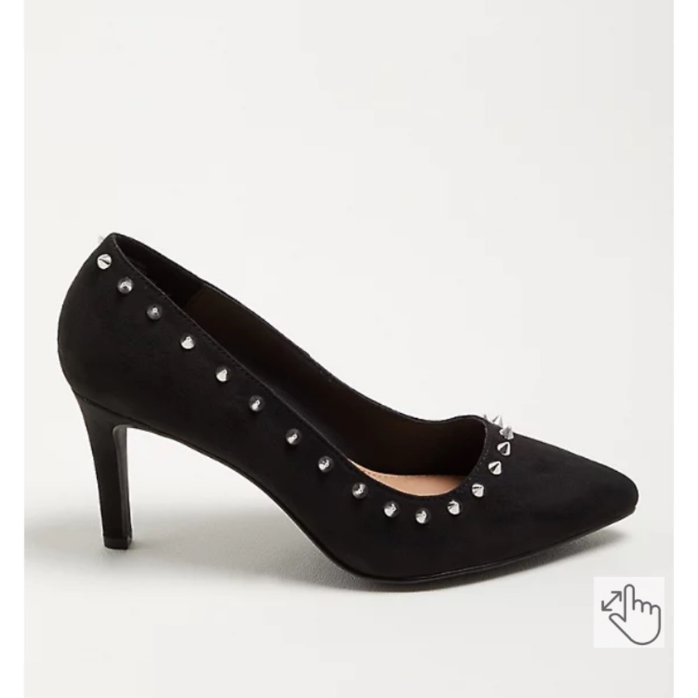 Faux suede black heels with all over spikes. Wide width size 8. Torrid brand.